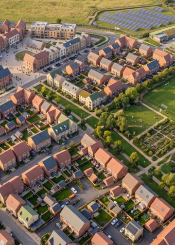 Vista aérea de um bairro com regularização fundiária.