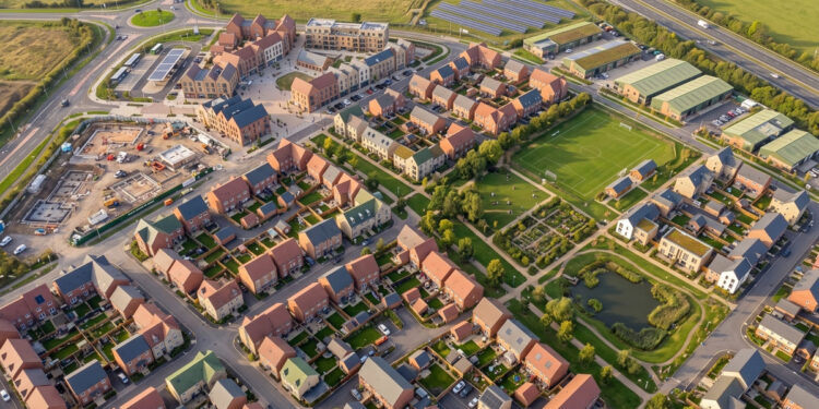 Vista aérea de um bairro com regularização fundiária.